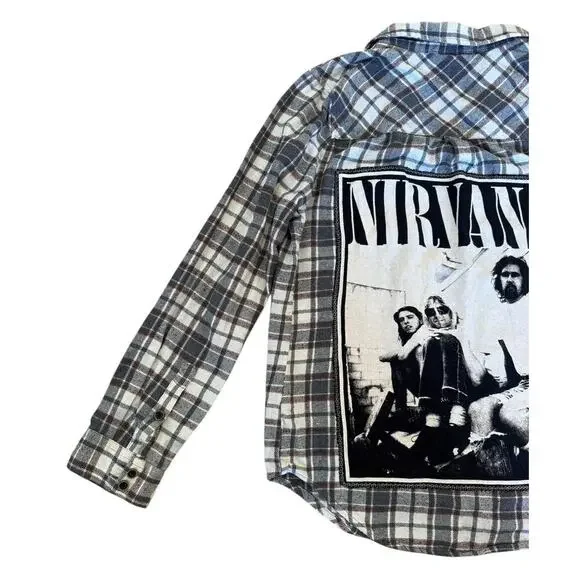 NIRVANA Kurt Cobain Upcycled Retro Vintage 90s Grunge Rock Plaid Flannel Size M - Picture 8 of 12